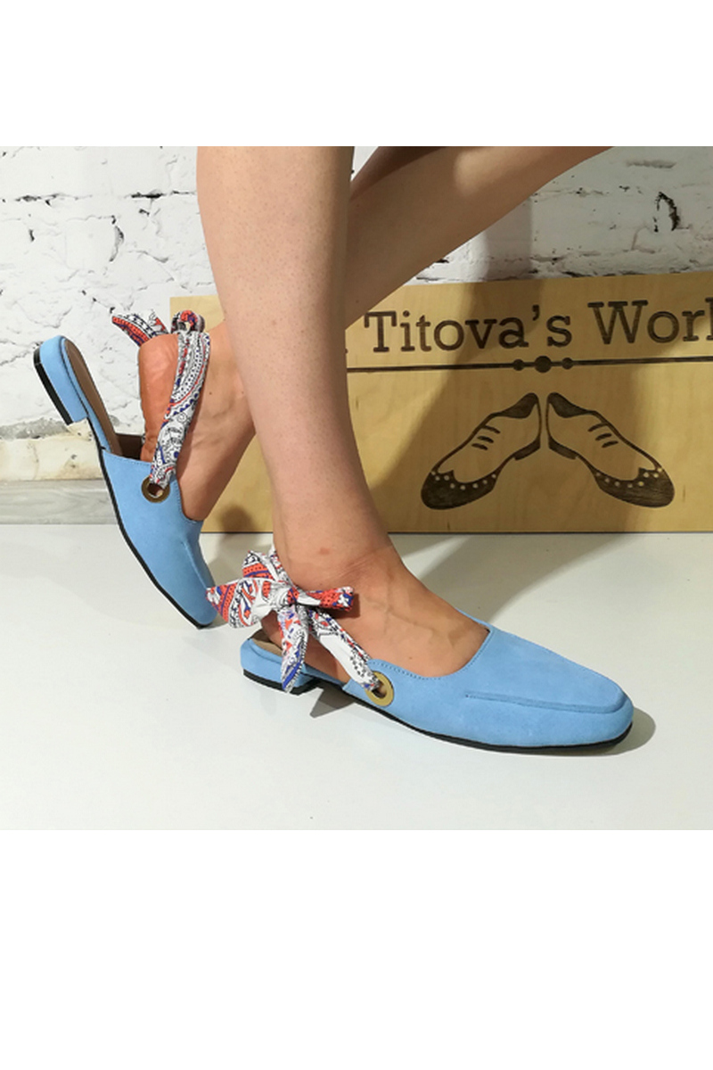 Buy Comfortable casual women blue leather suede with ties shoes mules, Designer shoes